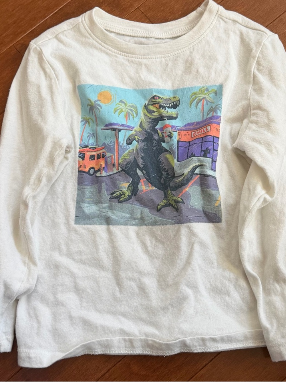 Old Navy White Long-Sleeve Tee with Colorful T-Rex Graphic